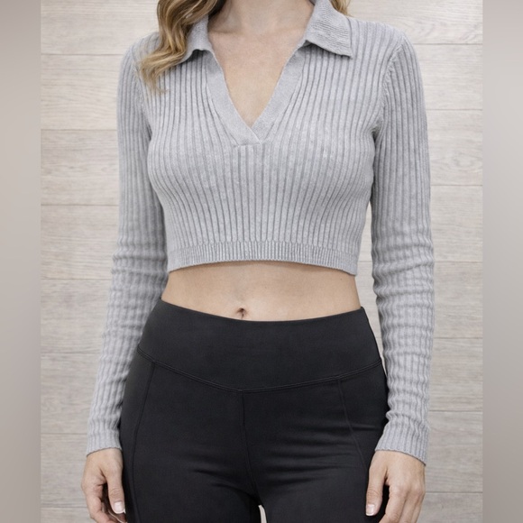 437 Tops - Four Three Seven 437 Grey Ribbed V-neck Cropped Long Sleeve Knit Top